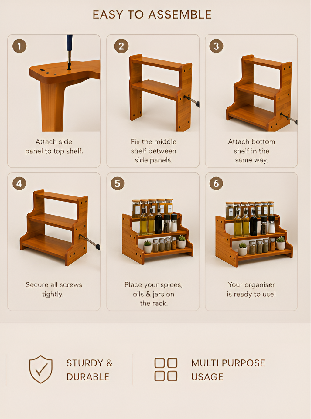 Wooden Kitchen Spice Rack – Brown Organizer