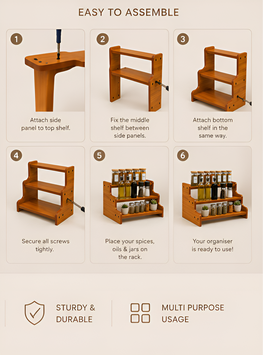 Wooden Kitchen Spice Rack – Brown Organizer