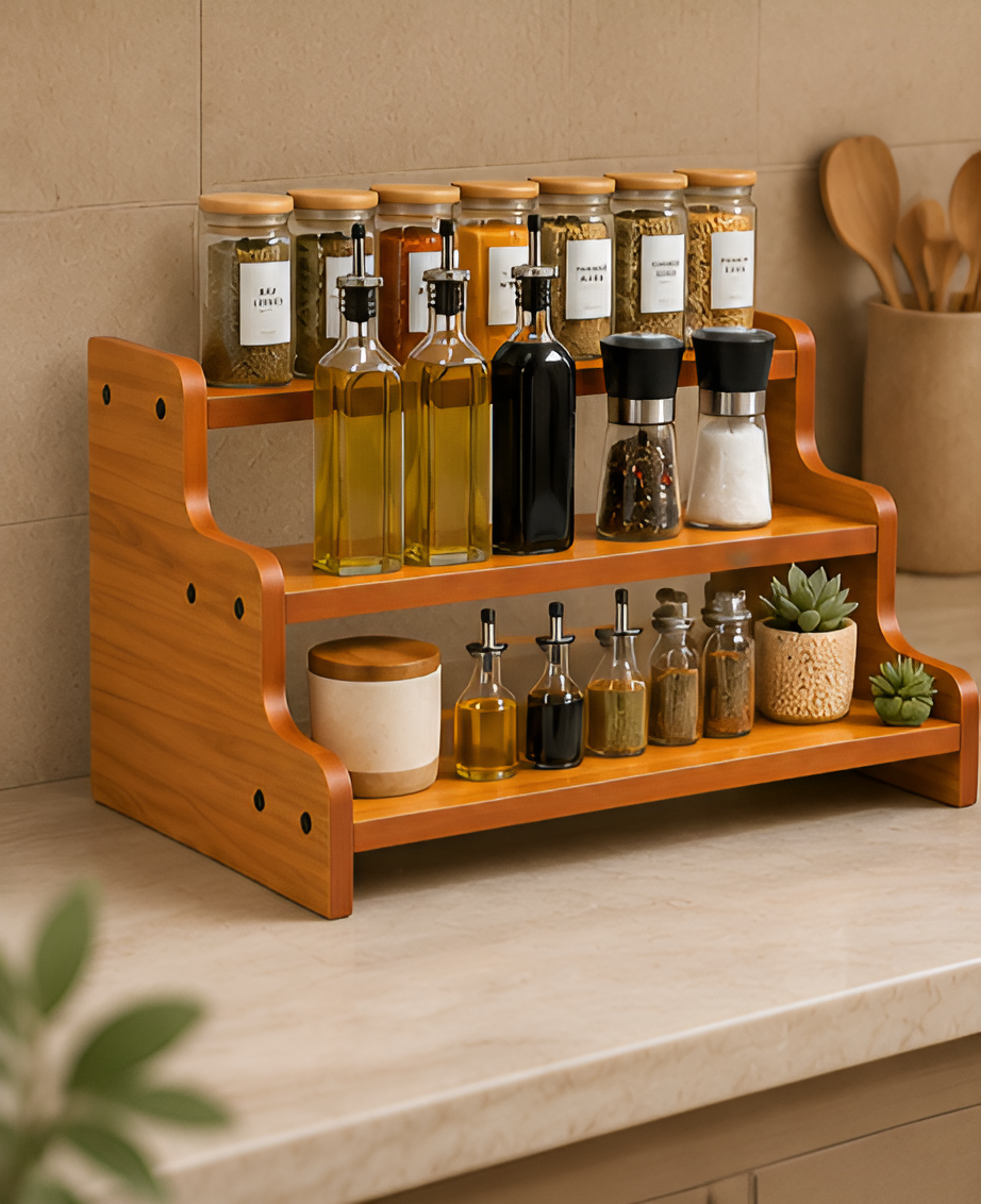 Wooden Kitchen Spice Rack – Brown Organizer